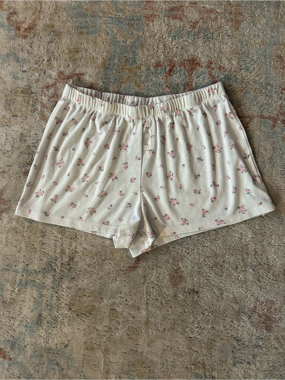 Laura Ashley Cream Knit Sleep Shorts with Pink Floral Print